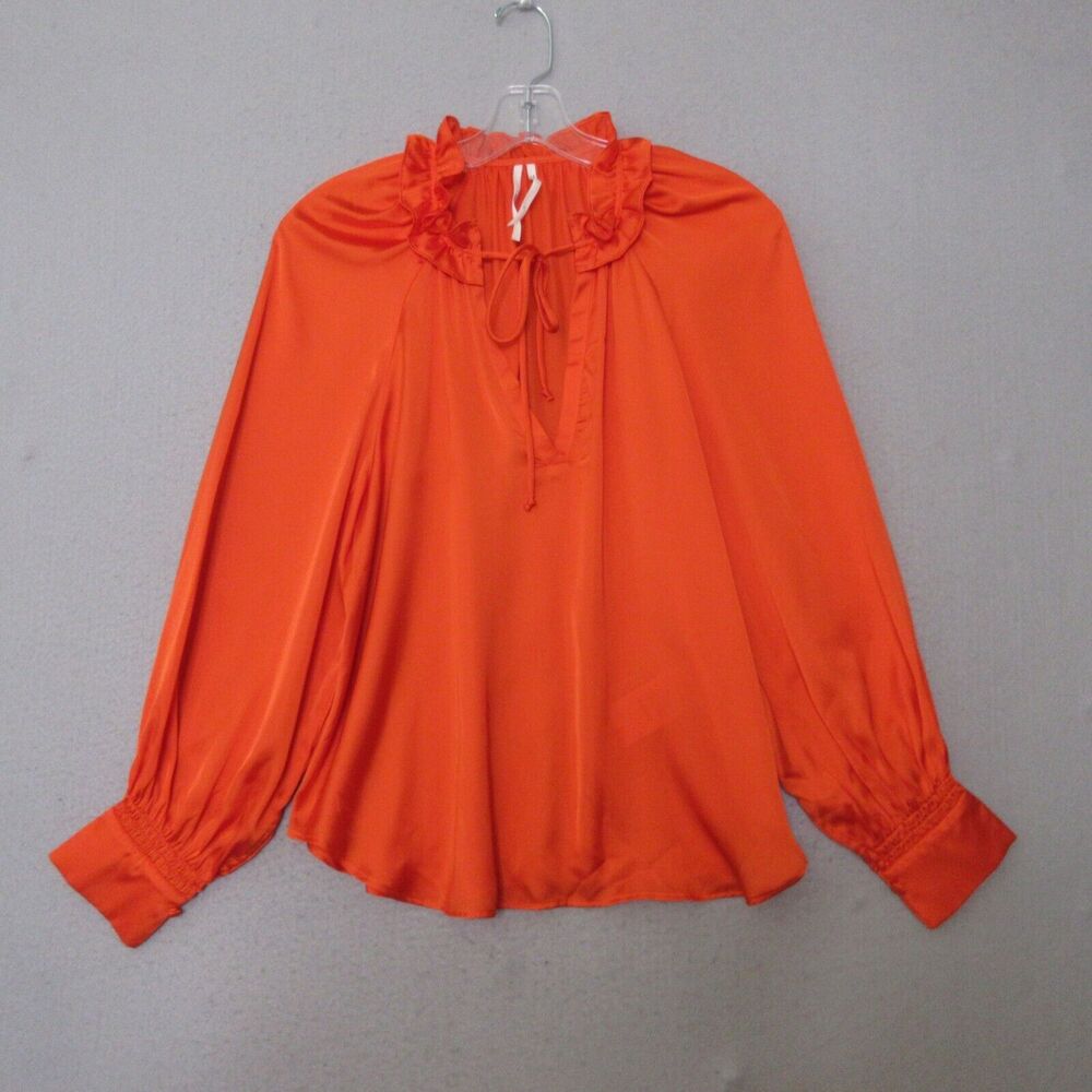 By Anthropologie Top Orange Ruffle Tie Neck Satin Balloon Sleeve